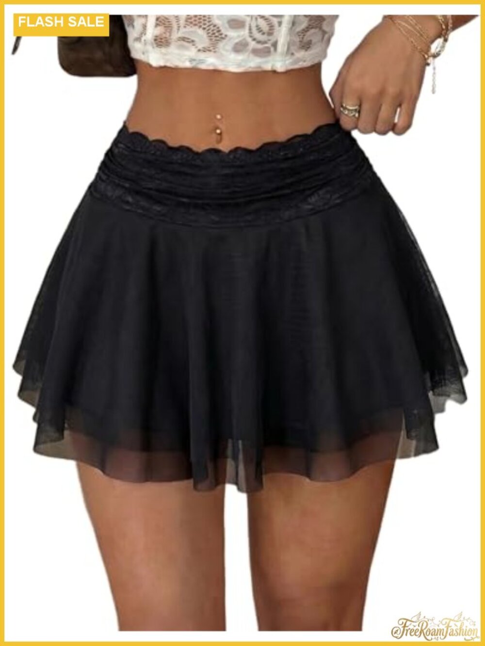Pleated Mini Skirt Lace Mesh Layered Ruffled A-Line Flared Silhouette